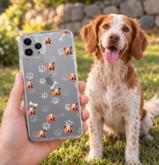 Personalized phone case with dog faces and bone motifs on a grey background.