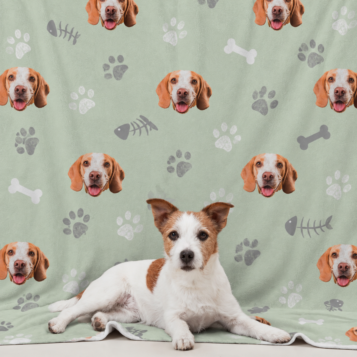 Pet blanket with green background and dog motifs, a light-coated animal lying in front.