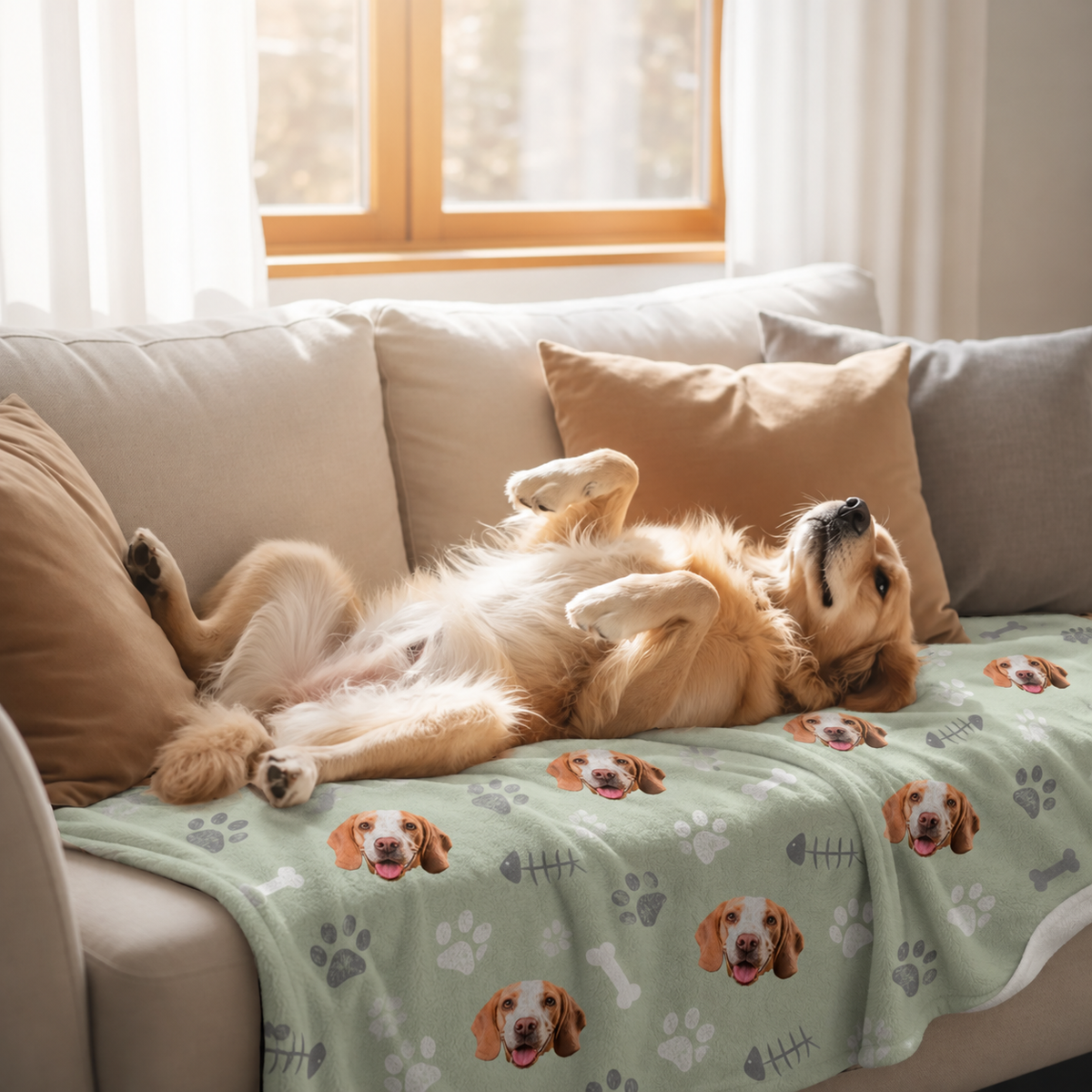 Personalized green pet blanket with dog motif on a sofa with cushions, a dog lying relaxed on it.