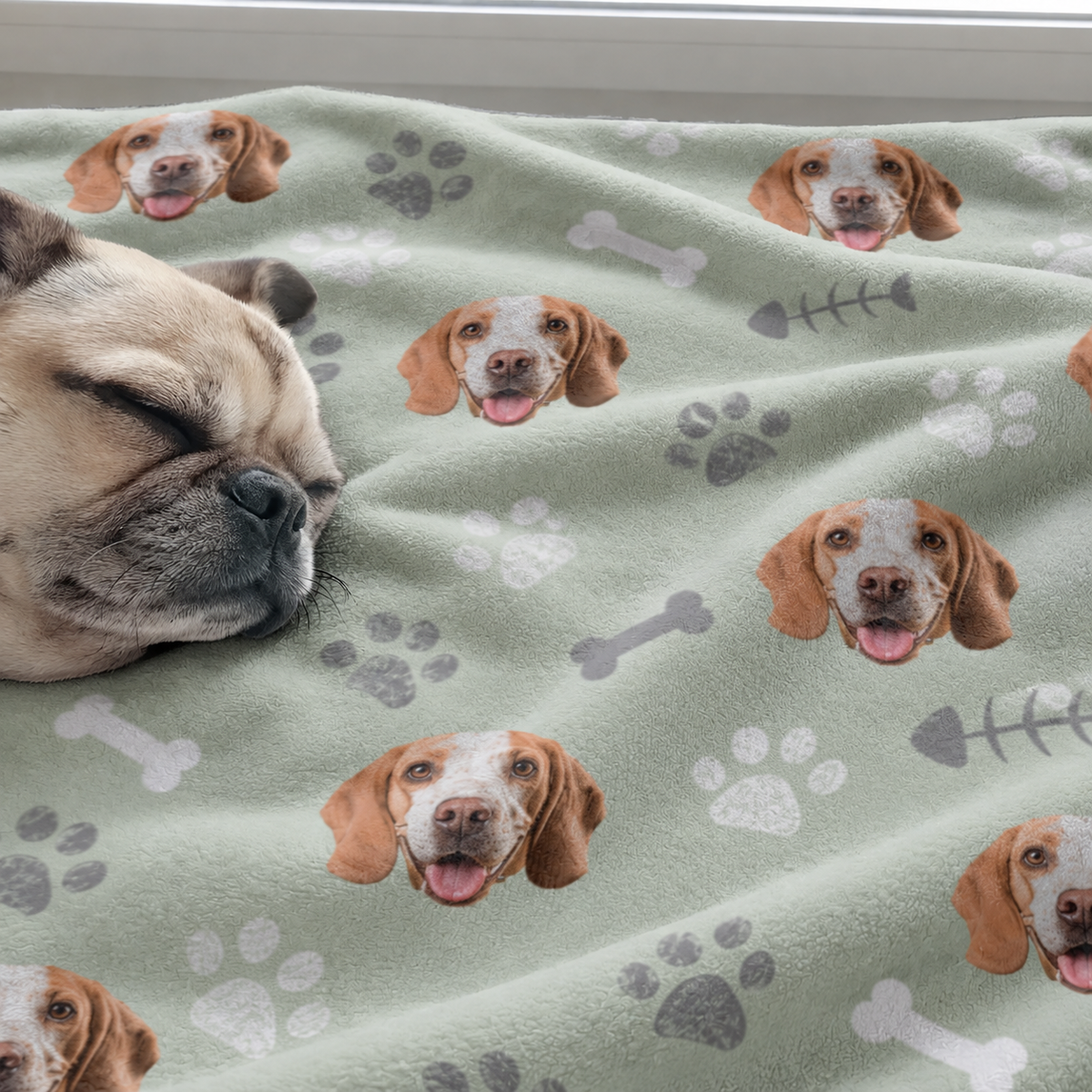 Personalized green pet blanket with dog motifs and paw prints, soft and cuddly.