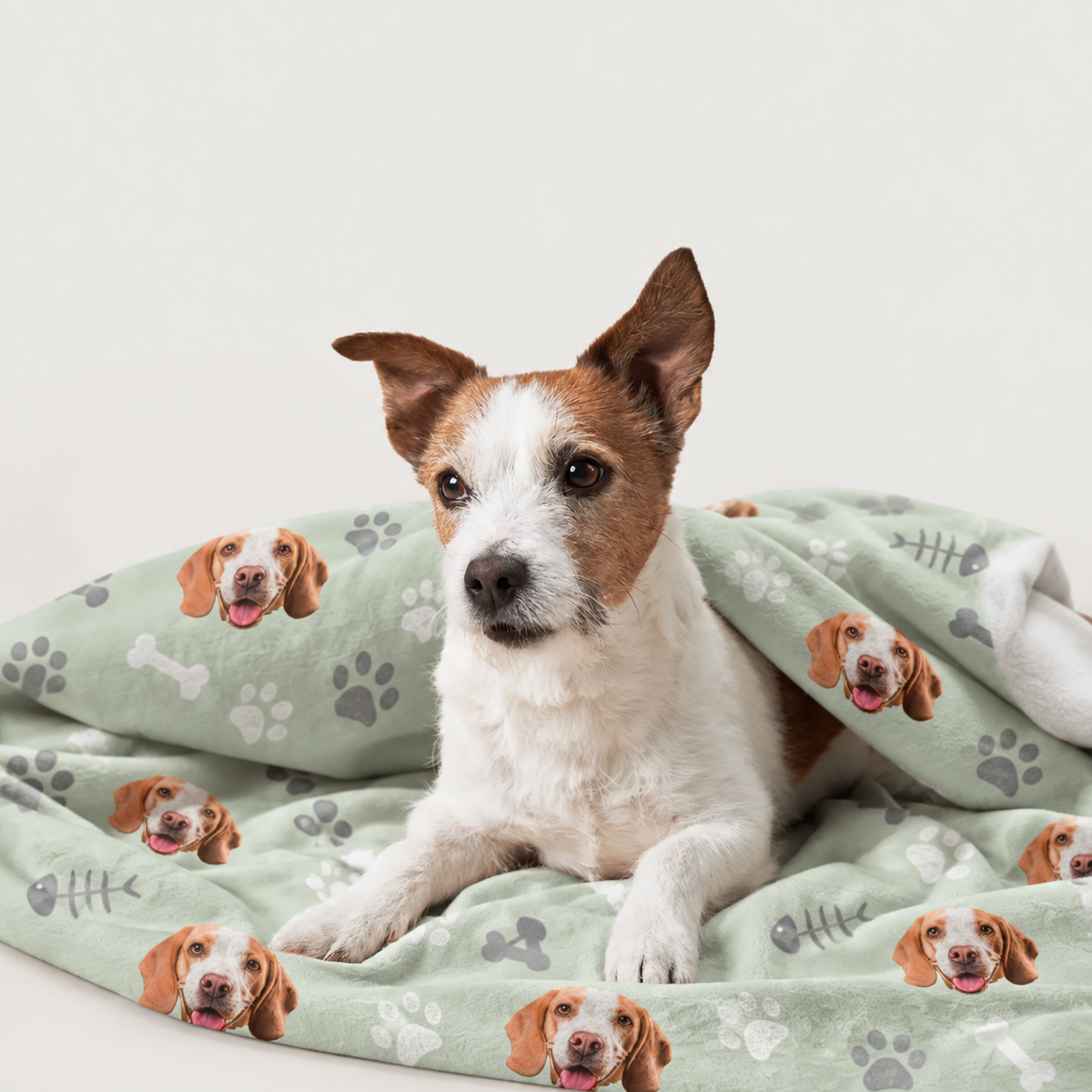 Personalized pet blanket with green background and printed dog motifs, wrapped around a dog.