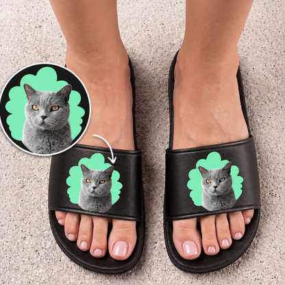 Black slides with a personalized grey cat portrait on a green background.