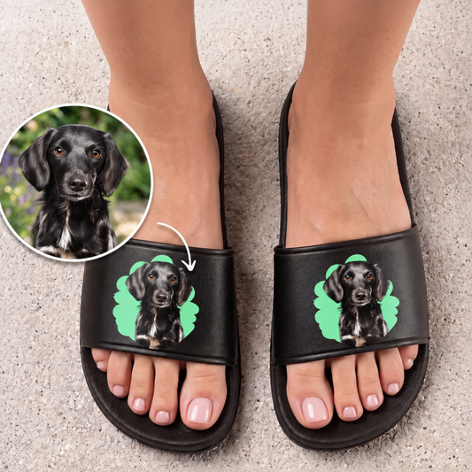 Black slides with a personalized dog illustration on top.