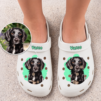 Personalized white clogs with a dog pet portrait and the name "Vasco".