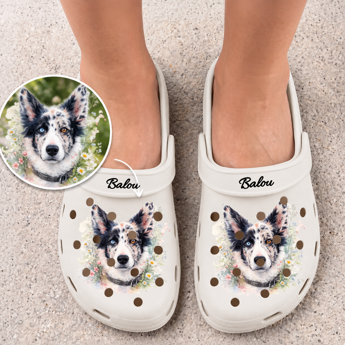 Personalized cream clogs with a watercolor dog print and the name "Balou".