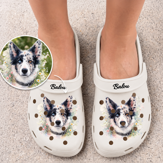 Personalized cream clogs with a watercolor dog print and the name "Balou".