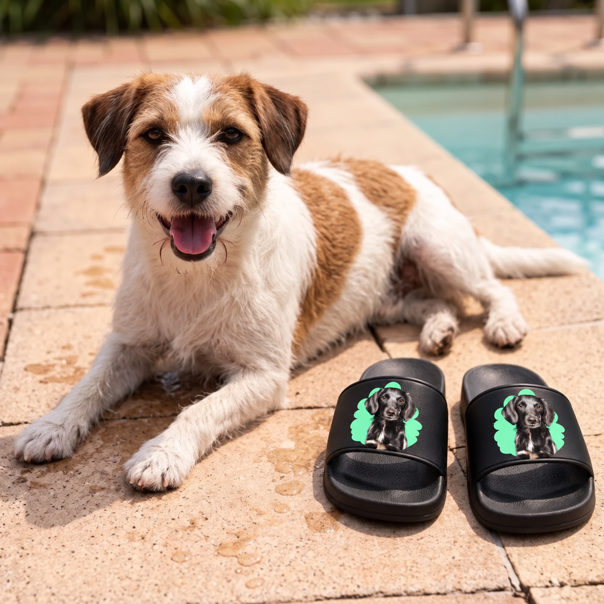 Personalized black slides with pet portrait, next to a dog by the pool.