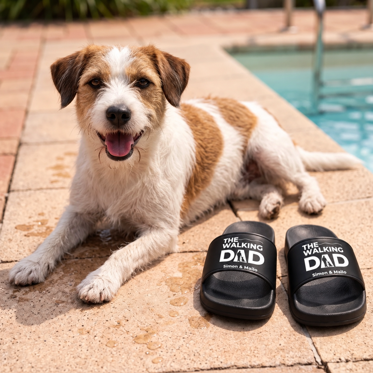 Personalized black slides with "THE WALKING DAD" print next to a dog by the pool.
