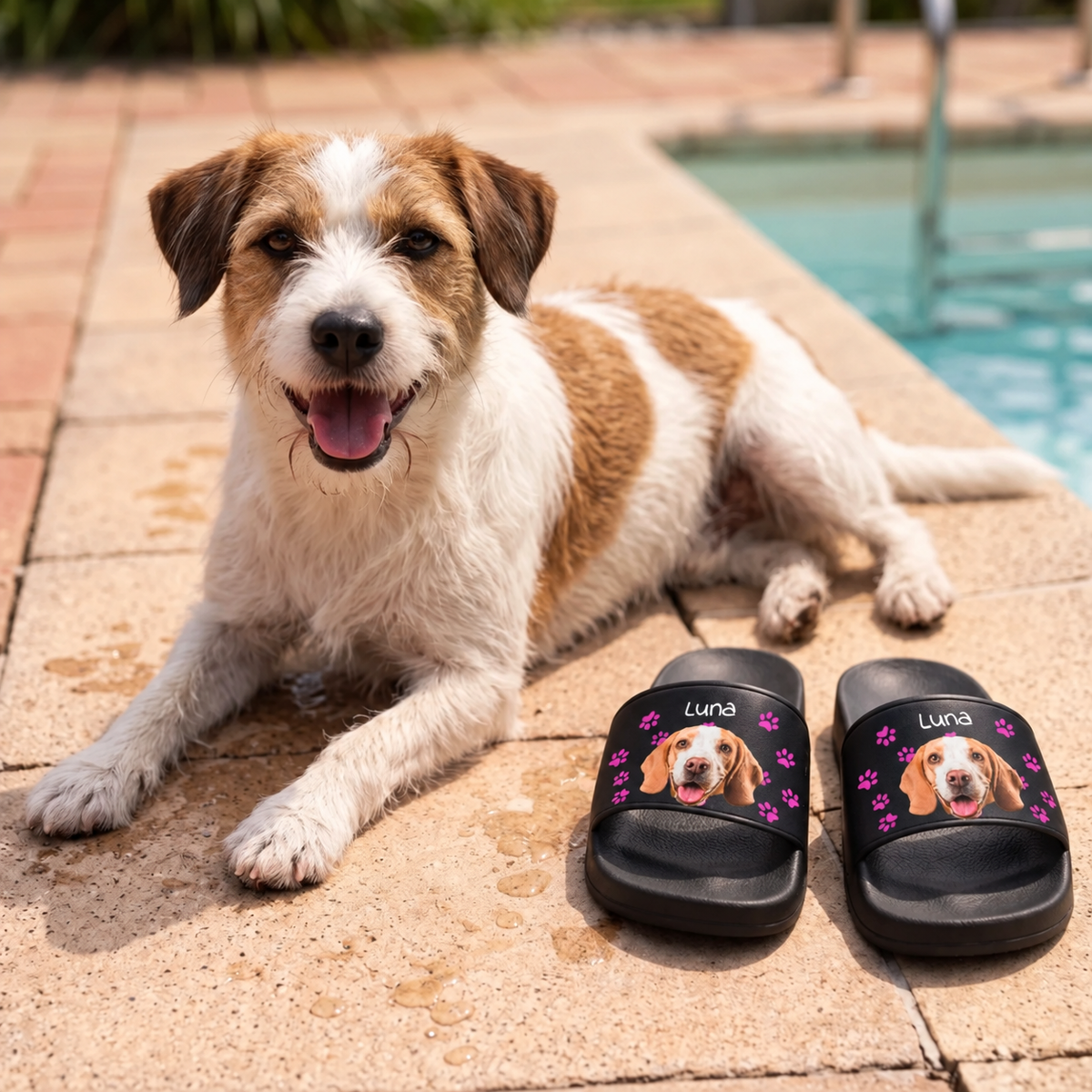Personalized slides with dog motif and name, black sole, on the pool deck next to a dog.