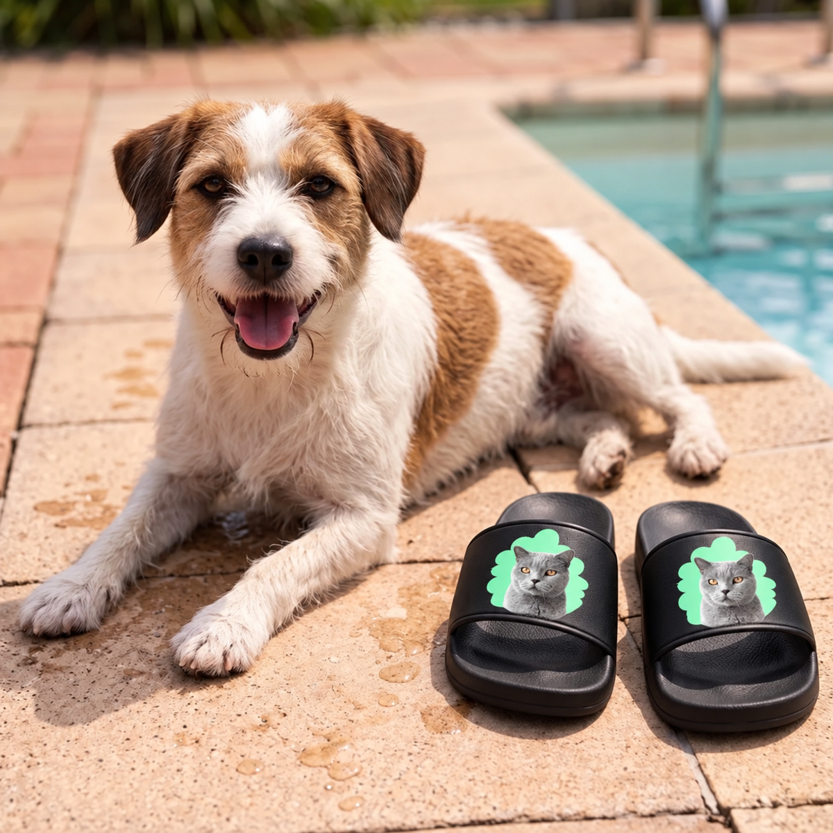 Black slides with cat portrait on the strap, lying next to a dog on a pool deck.