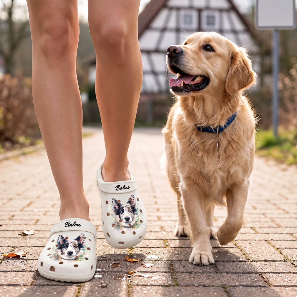Person wearing personalized watercolor clogs with animal motifs while walking a dog.