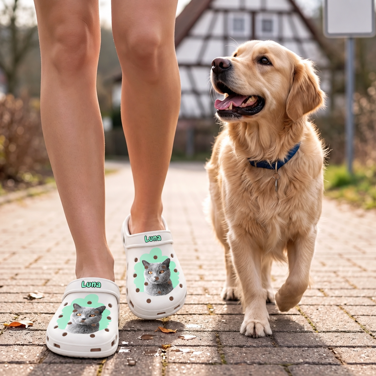 Personalized white clogs with a cat portrait, worn by a person walking a dog.