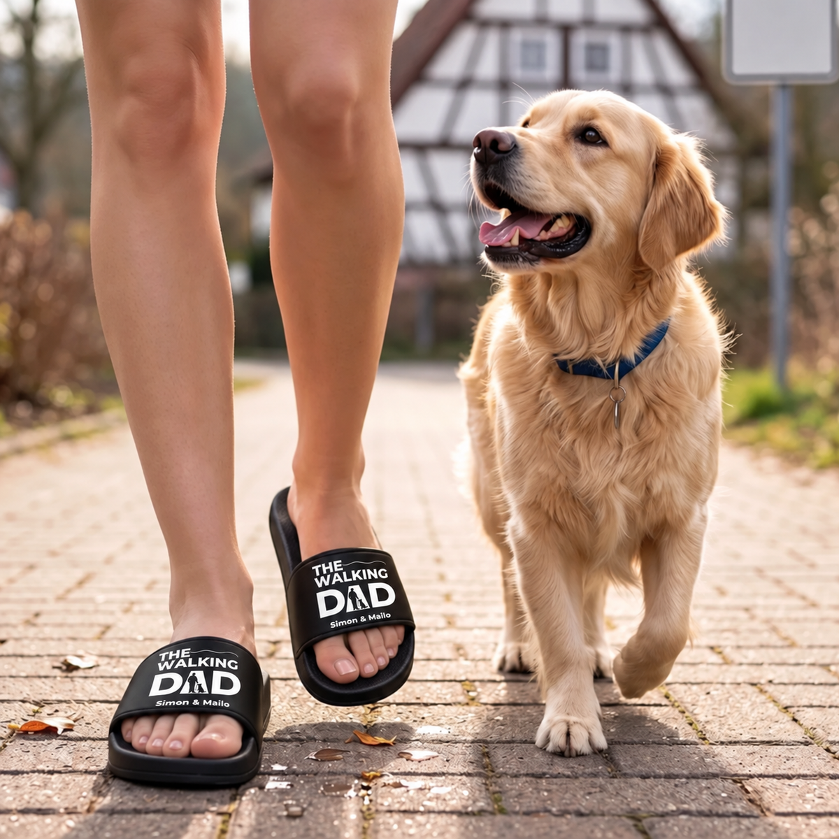 Black slides with "THE WALKING DAD" print, worn on a walk with a golden retriever.