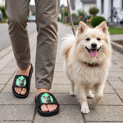 Personalized black slides with cat portrait, worn by a person walking a dog.