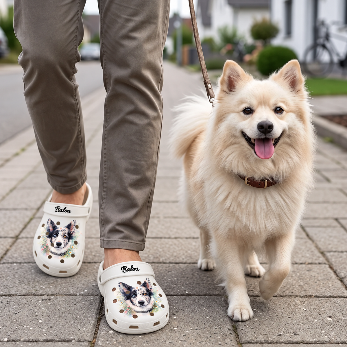 Personalized white clogs with a watercolor dog print, worn by a person with a dog on the street.