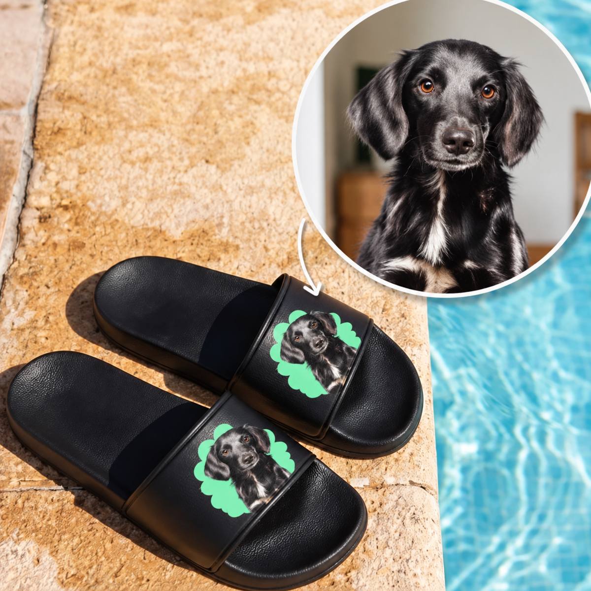 Black slides with a green pet portrait on the strap. Ideal for animal lovers.