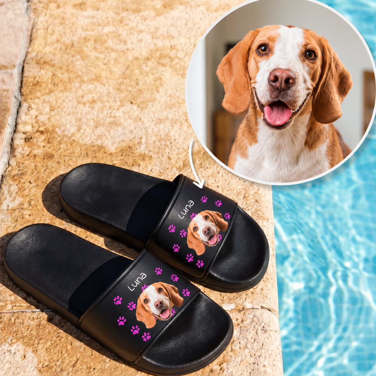 Black slides with a custom photo-print illustration of a dog and a name.