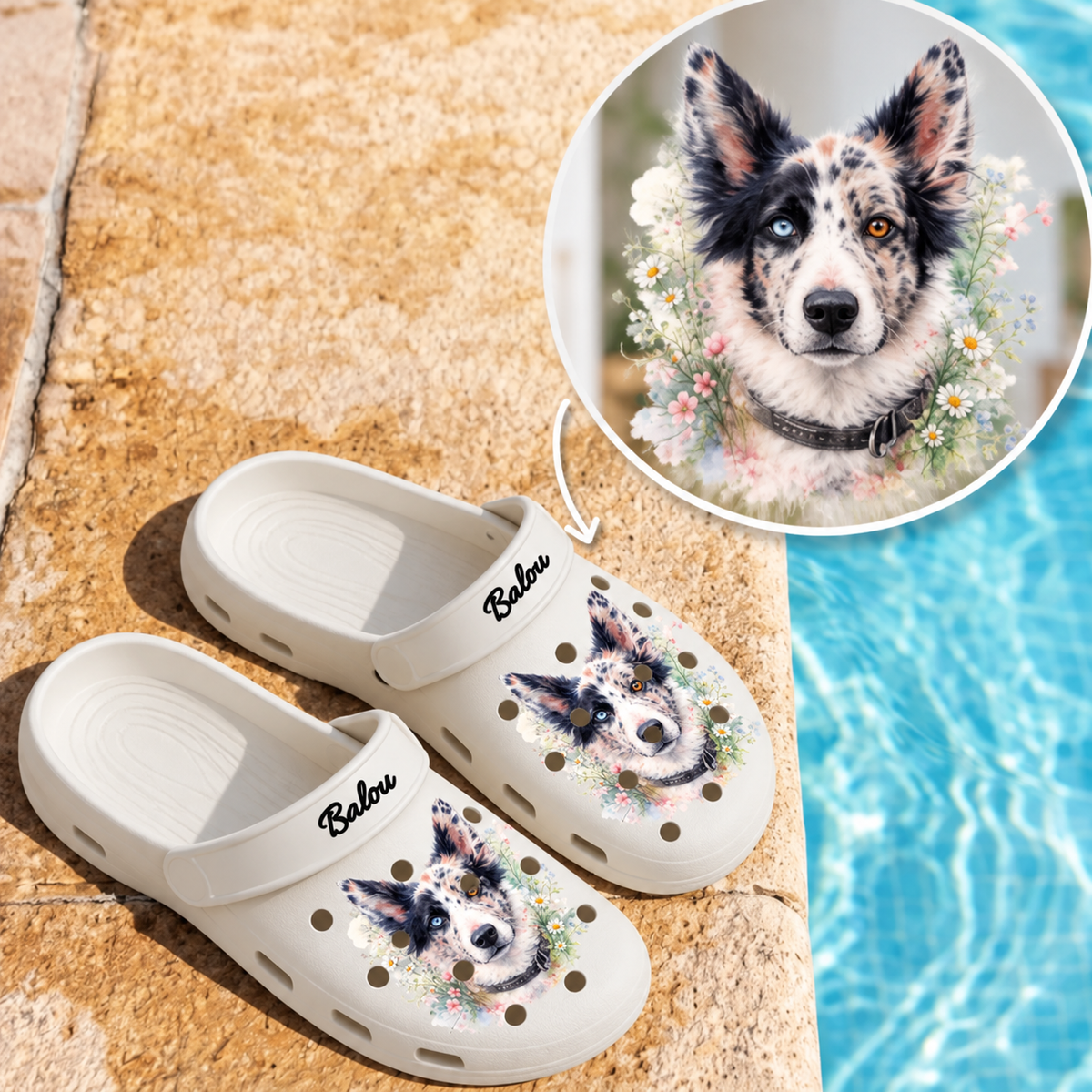 Personalized beige clogs with a watercolor dog drawing and the name "Balou".