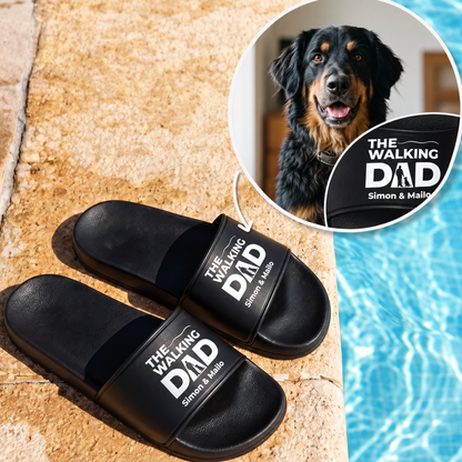 Black slides with "THE WALKING DAD" print and personalized names.