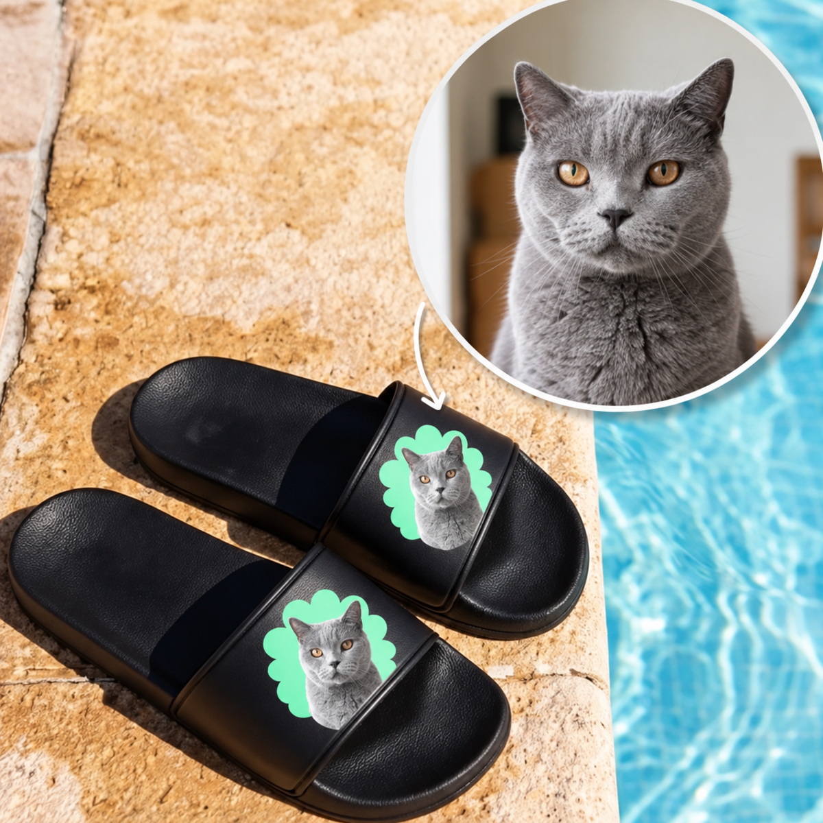 Black slides with a personalized cat portrait on the strap.