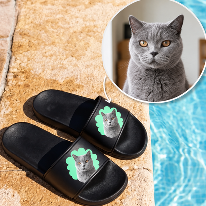 Black slides with a personalized cat portrait on the strap.