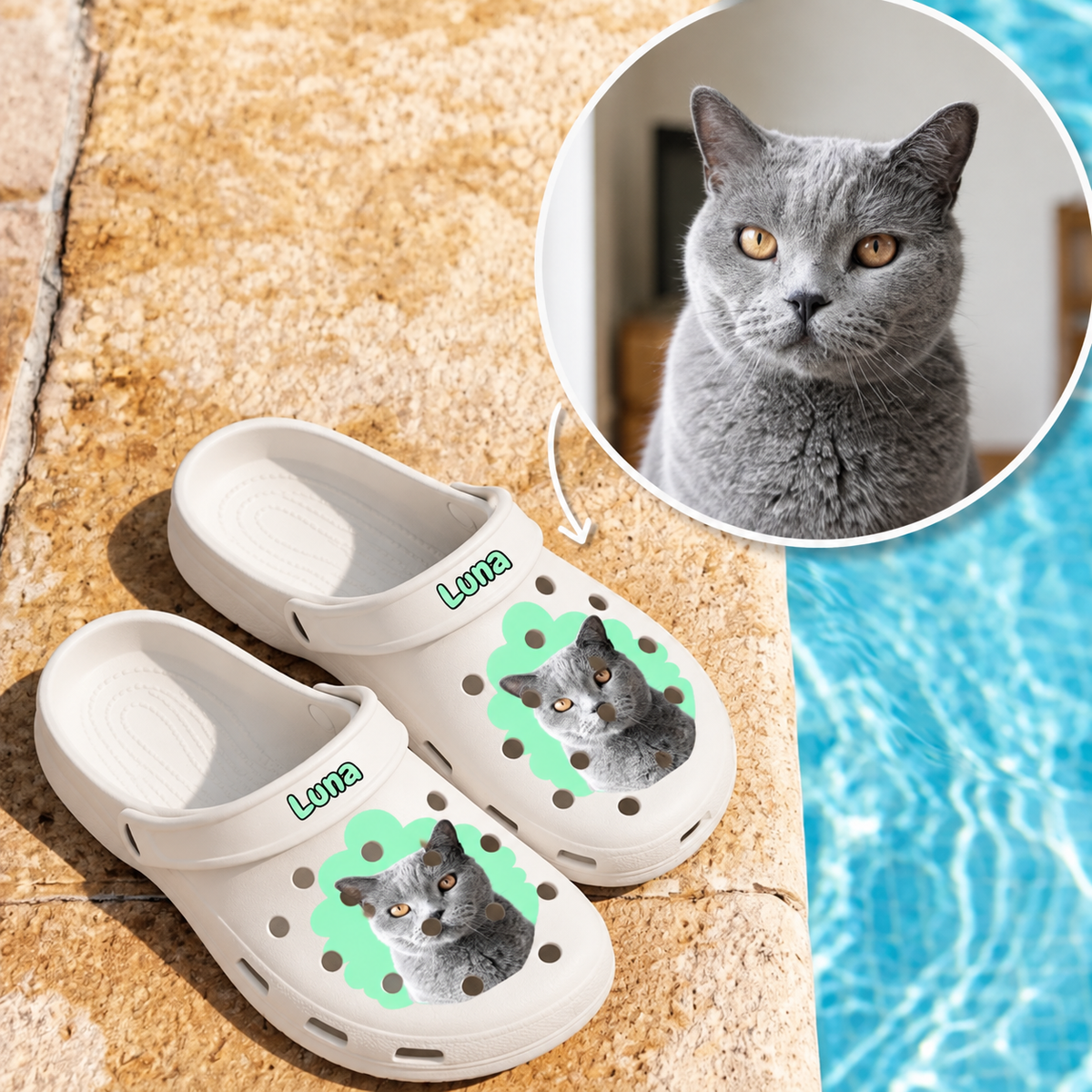 Personalized white clogs with a grey cat portrait and the name "Luna" on top.