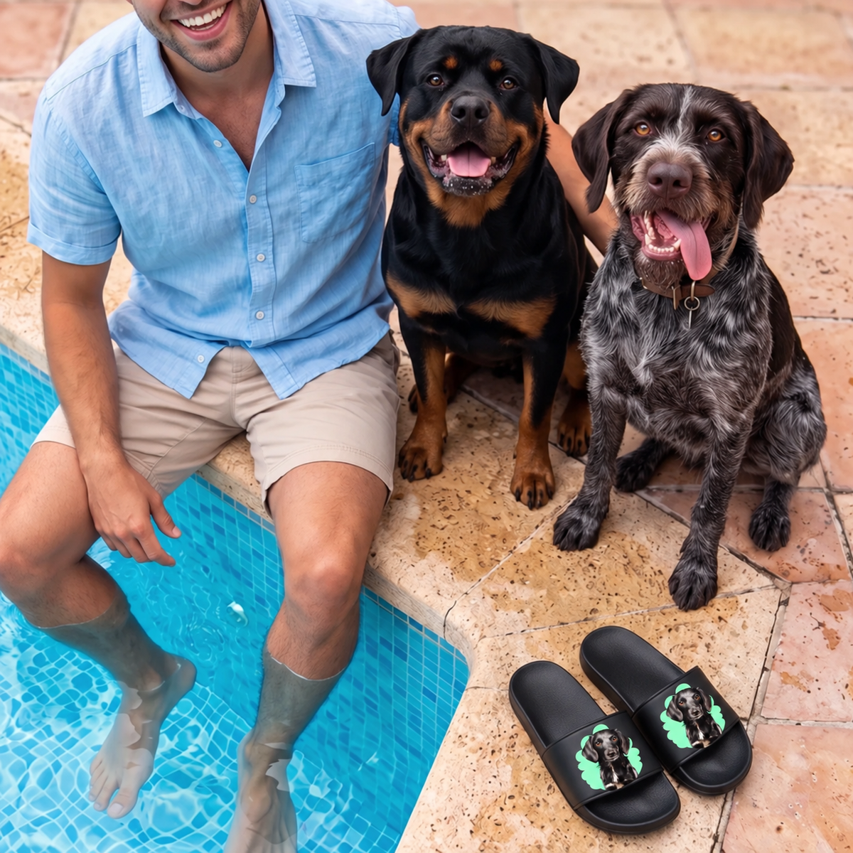 Personalized black slides with pet portrait, next to a man and two dogs by the pool.