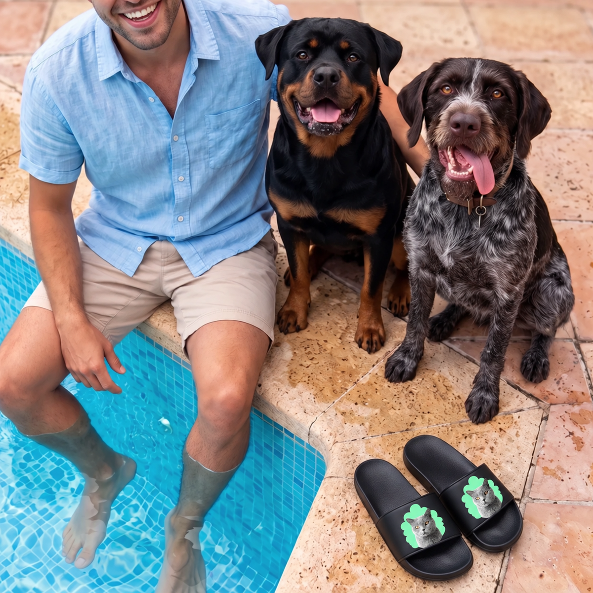 Personalized black slides with a cat pet portrait, a man with two dogs sitting next to them.