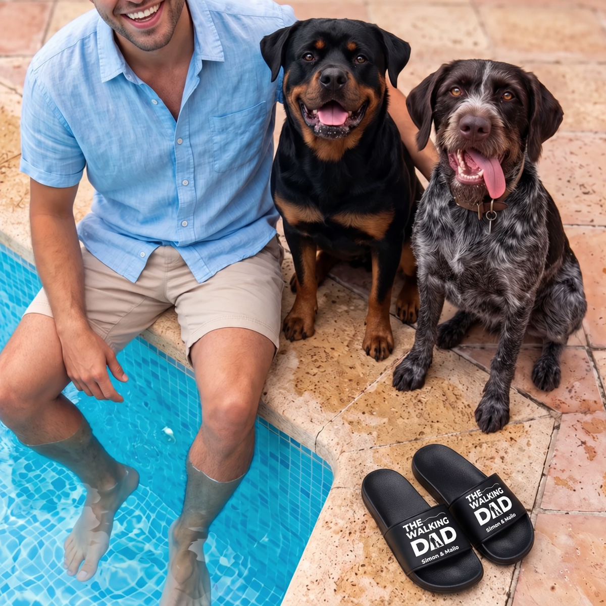 Personalized black slides with "THE WALKING DAD" print, next to a man and two dogs by the pool.
