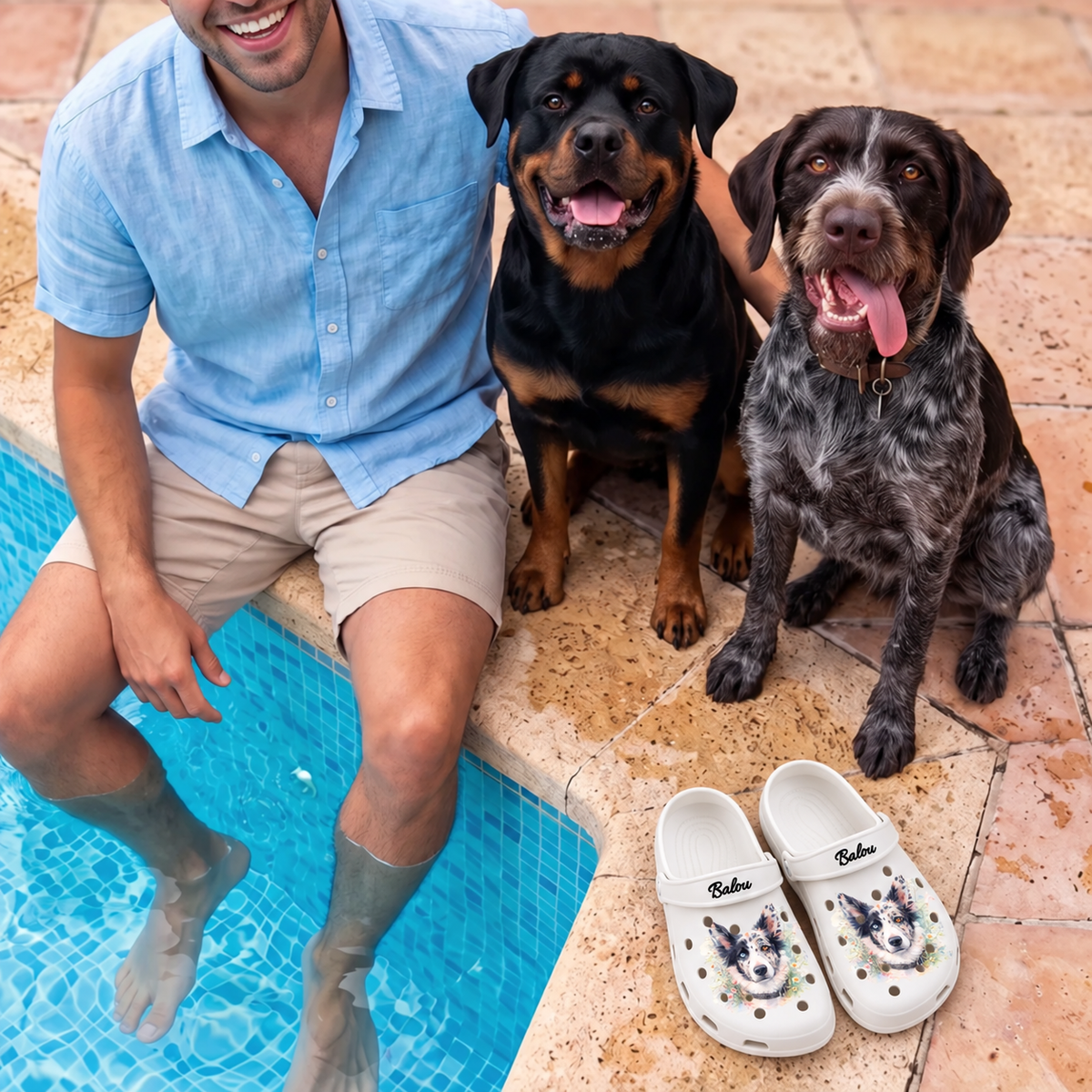 Personalized white clogs with watercolor design, next to a man and two dogs by the pool.