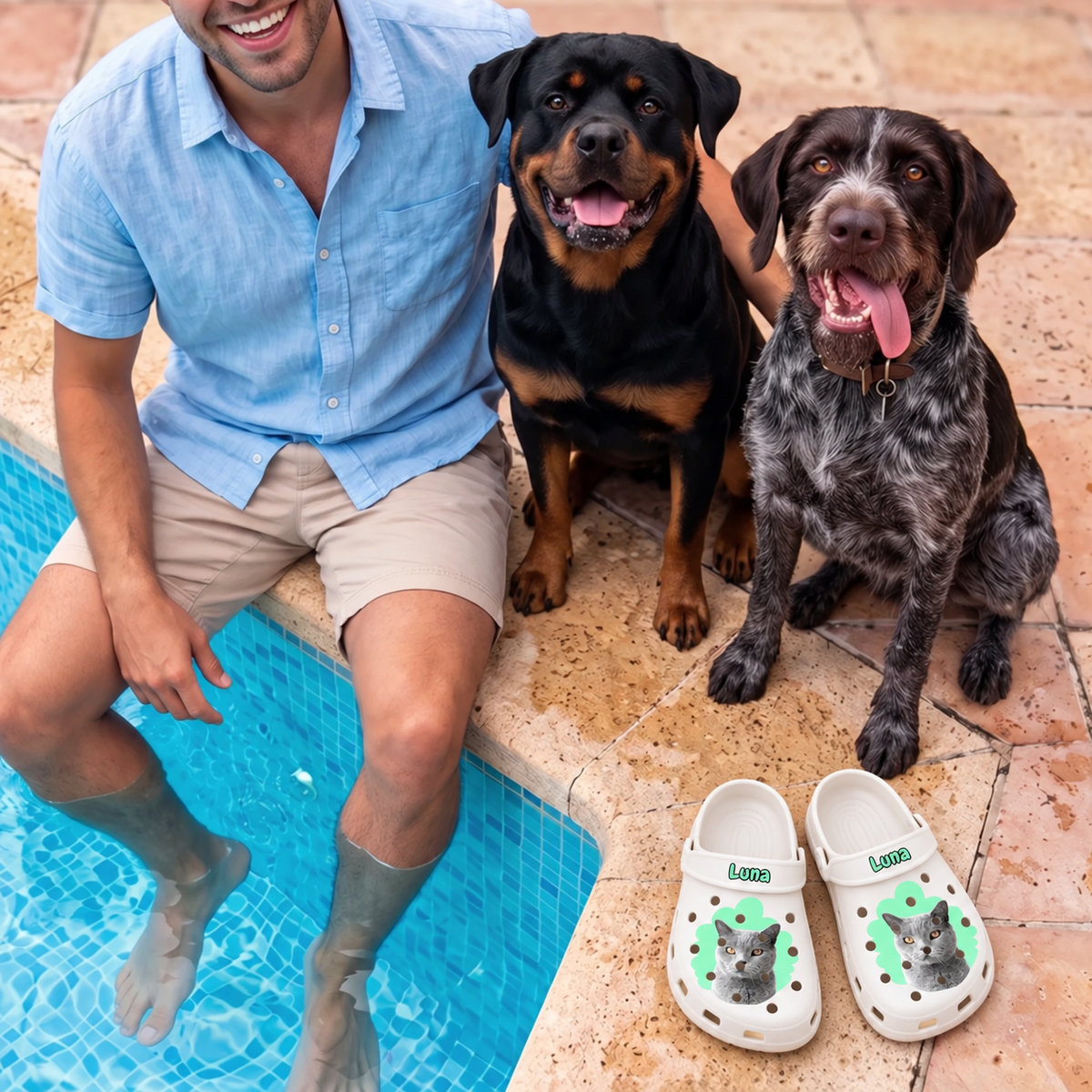 Personalized white clogs with a cat portrait, next to a man and two dogs by the pool.