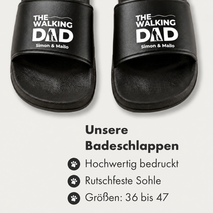 Black slides with "The Walking Dad" print and personalized names. Non-slip sole.