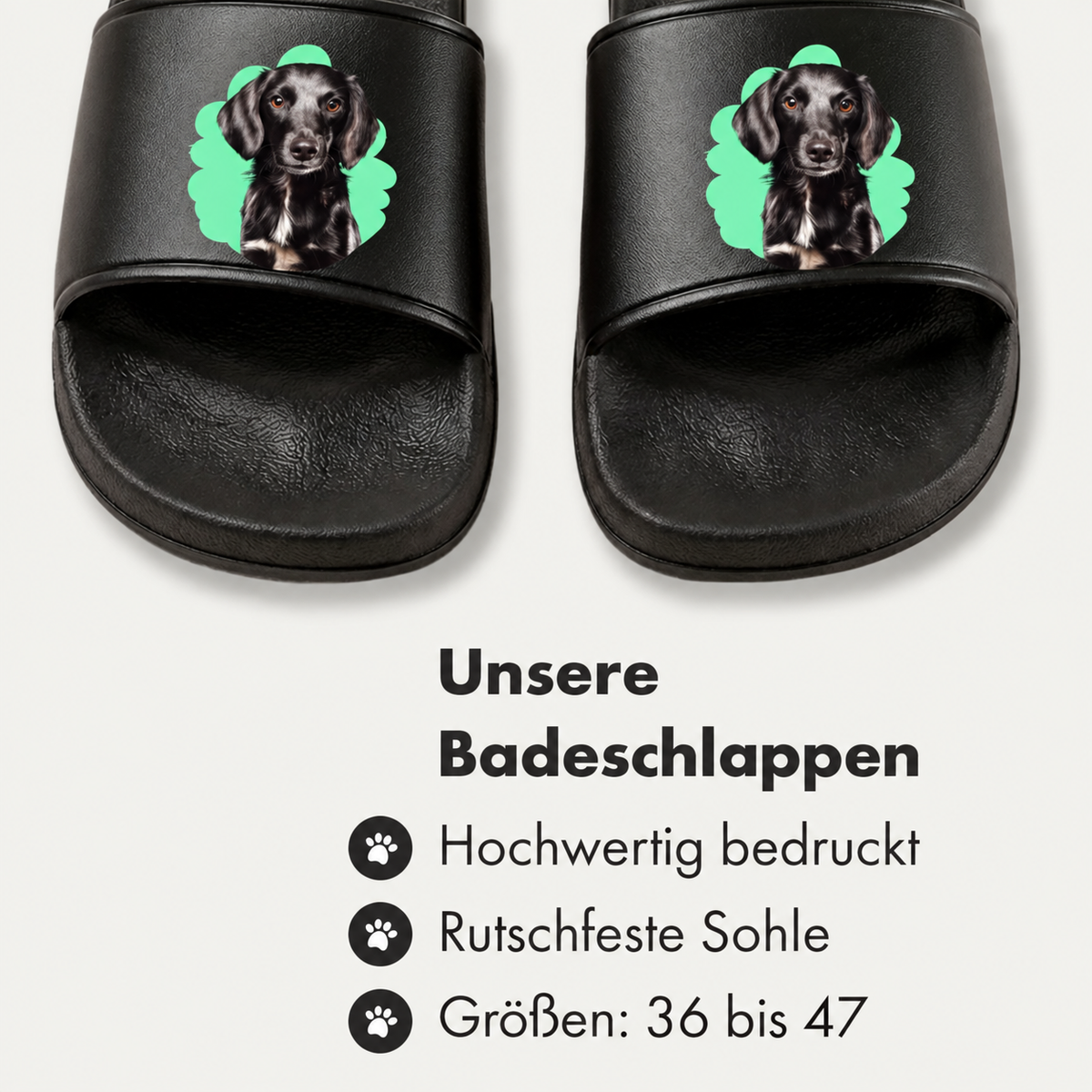 Personalized slides with black footbed and pet portrait on top. Sizes 36 to 47.