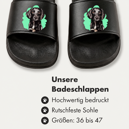 Personalized slides with black footbed and pet portrait on top. Sizes 36 to 47.