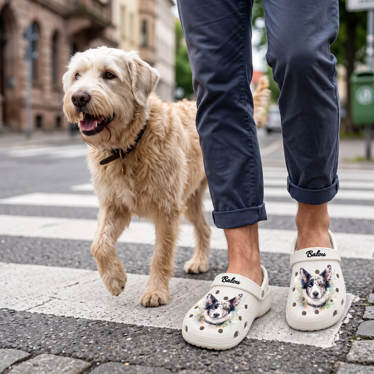 Person wearing personalized clogs with a watercolor dog motif, walking a dog.