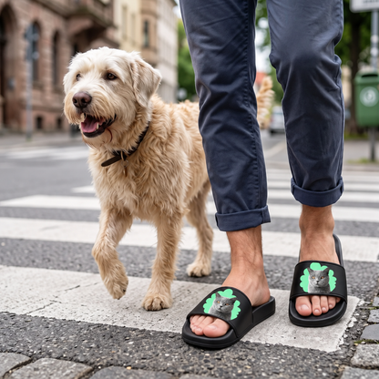 Black slides with green cat portrait, the wearer with a dog on a crosswalk.