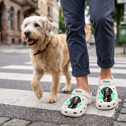 Personalized white clogs with pet portrait and colorful background, worn by a person with a dog.