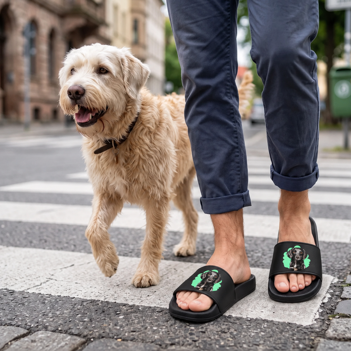 Personalized black slides with pet portrait, worn by a person on a crosswalk with a dog alongside.