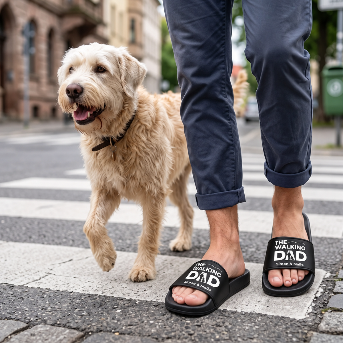Black slides with "The Walking Dad" print and personalized names, worn by a person on the street.
